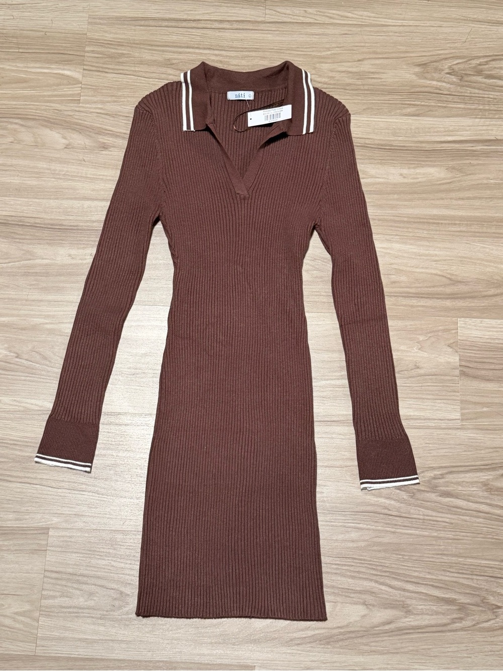 NWT Nati Boutique Ribbed Polo Dress Chocolate Brown Knit V-Neck Midi New Large